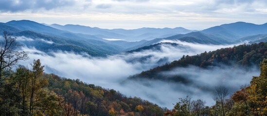 Misty mountain landscape with soft blue and gray valleys enveloped in clouds featuring vibrant green and golden foliage at the foreground