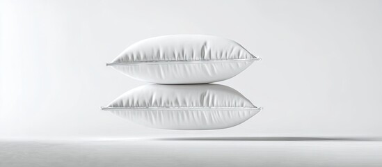 Air cushion recovery method with two white pillows levitating over a clean white background casting soft shadows for a minimalist aesthetic