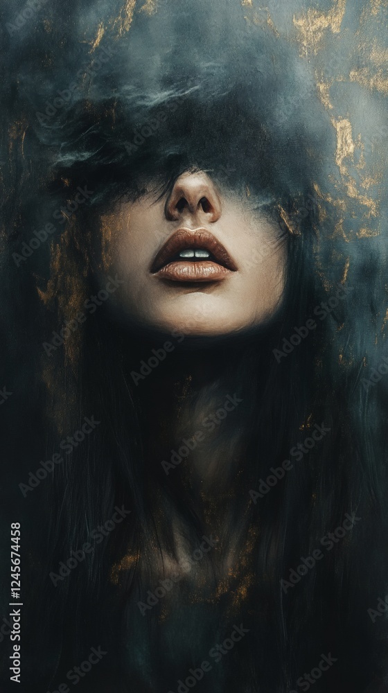 Aufkleber woman's face dissolves into the air soft light casting long shadows muted tones with a hint of gold 