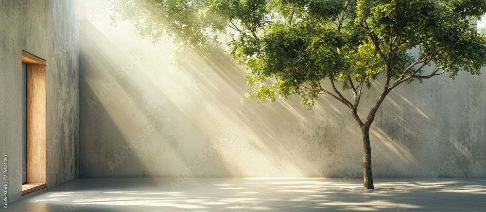 Aufkleber serene empty room bathed in soft sunlight with gentle rays illuminating a solitary tree against a te