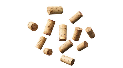 Flying falling wine corks isolated on transparent or white background