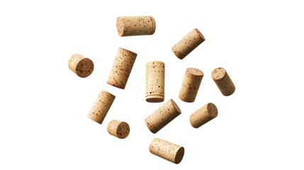 Flying falling wine corks isolated on transparent or white background
