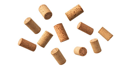 Flying falling wine corks isolated on transparent or white background