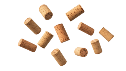 Flying falling wine corks isolated on transparent or white background
