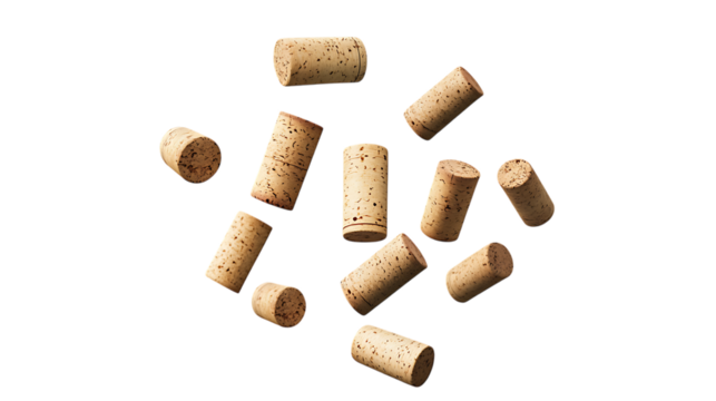 Flying falling wine corks isolated on transparent or white background