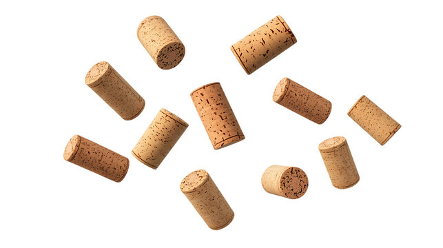 Flying falling wine corks isolated on transparent or white background