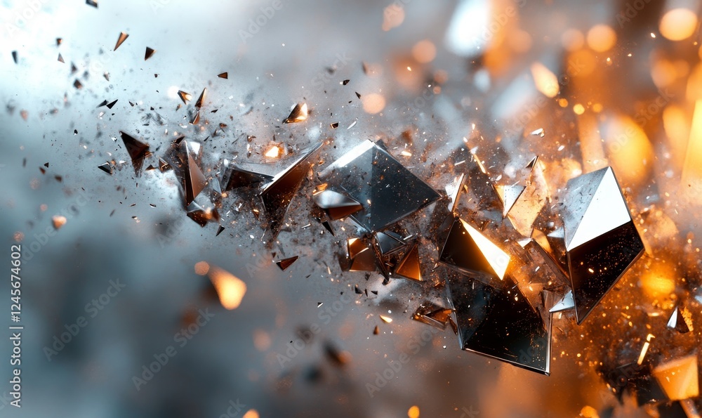 Poster abstract 3d composition of floating shards with metallic textures., generative ai
