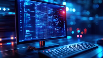 Obraz premium Computer screen displaying blue digital code in dark server room.