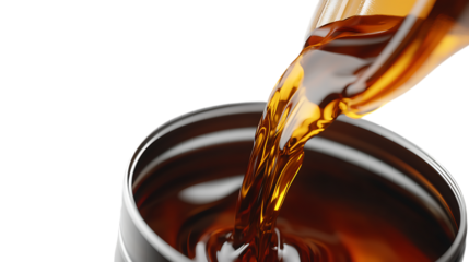 Fresh motor oil being poured from a metallic can, the fluid slowly cascading in perfect curves, isolated on a crisp transparent background