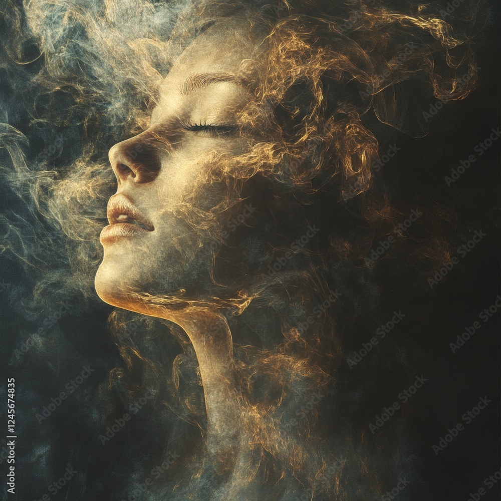 Poster woman's face dissolves into the air soft light casts long shadows muted desaturated colors with a hi