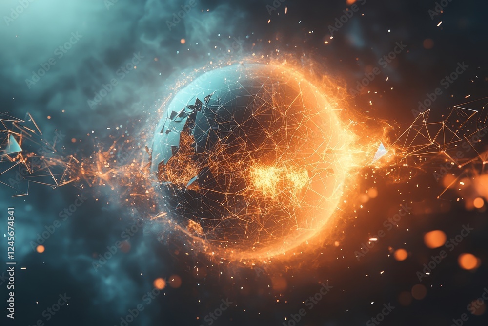 Poster low-poly sphere surrounded by dynamic lines and geometric shards., generative ai