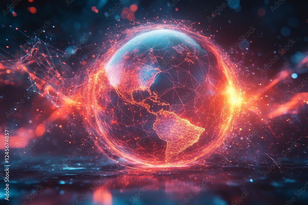 Aufkleber low-poly sphere surrounded by dynamic lines and geometric shards., generative ai