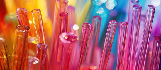 Colorful transparent optical fiber tubes in vibrant hues of red, pink, blue, and yellow arranged in a dynamic cluster with soft bokeh background.