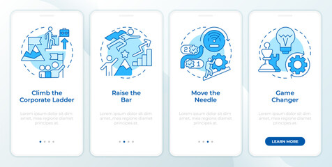 Fototapeta premium Company hierarchy blue onboarding mobile app screen. Walkthrough 4 steps editable graphic instructions with linear concepts. UI, UX, GUI template. Montserrat SemiBold, Regular fonts used