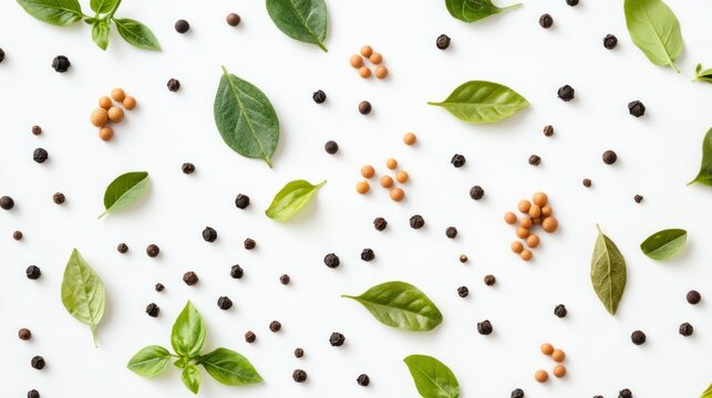 A detailed close-up of whole spices from various countries, including cumin seeds, black peppercorns, and curry leaves, on a white backdrop
