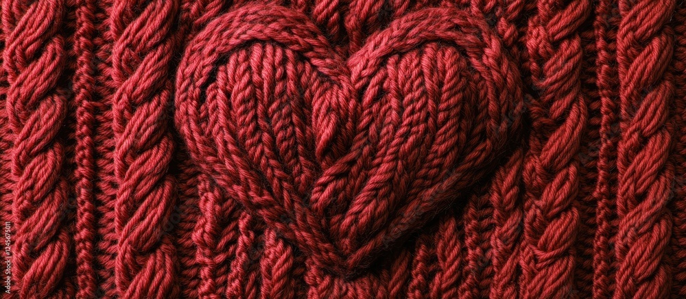 Poster knit pattern featuring a deep red heart prominently centered on a textured red background symbolizin