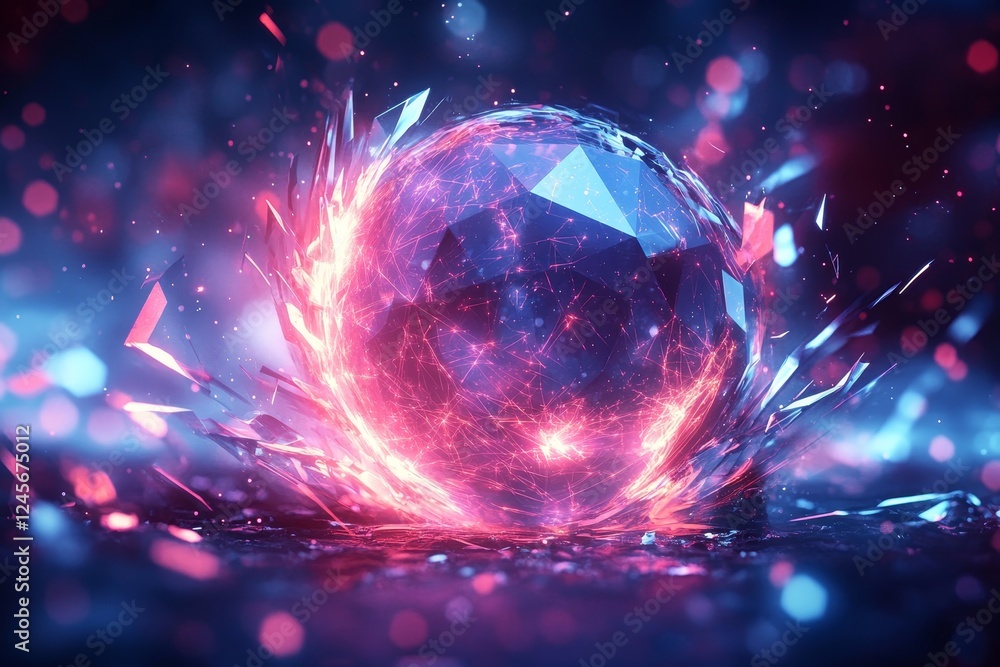 Aufkleber low-poly sphere surrounded by dynamic lines and geometric shards., generative ai