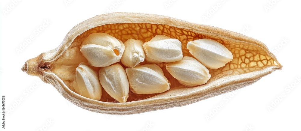 Poster closeup of a popcorn kernel husk on a white background featuring light beige and white colors with a