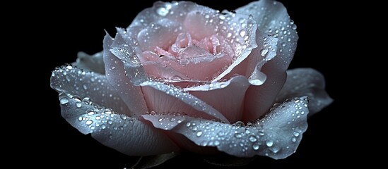 Delicate pink rose with clear water droplets on soft petals set against a dark background highlighting macro details for creative projects.