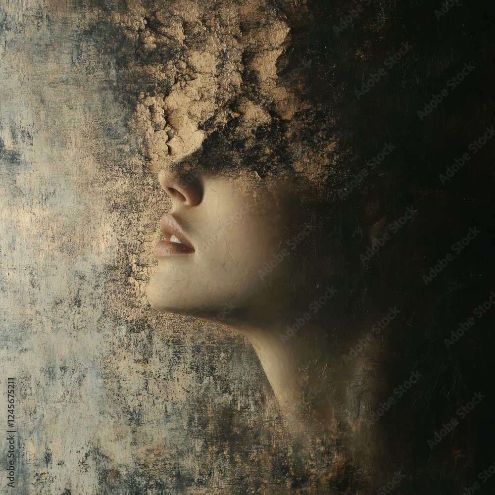 Poster woman's face dissolves into the air soft light casts long shadows muted desaturated colors with a hi