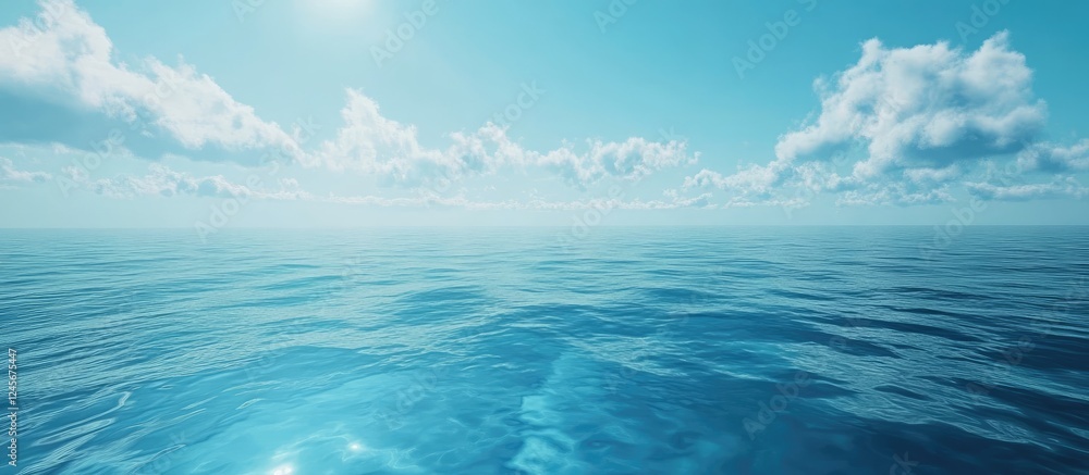 Poster serene turquoise ocean surface with gentle ripples under bright sunlight and soft clouds, creating a