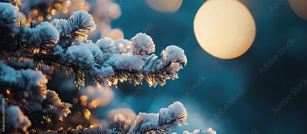 Poster elegant snow-covered christmas tree branches in the foreground with a soft blue blurred background a