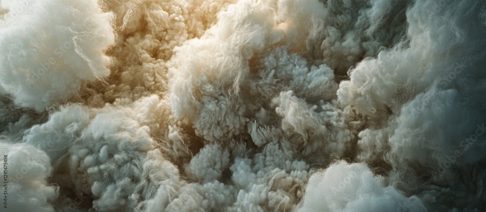 Poster textured cloud formation with soft grey and white wool-like clusters, showcasing the dynamic interpl