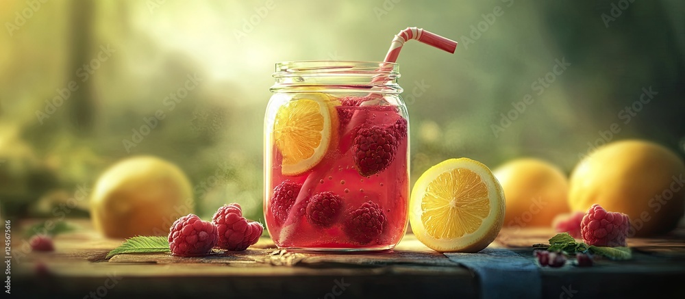 Poster refreshing raspberry lemonade in a mason jar with a straw, garnished with lemon slices, surrounded b