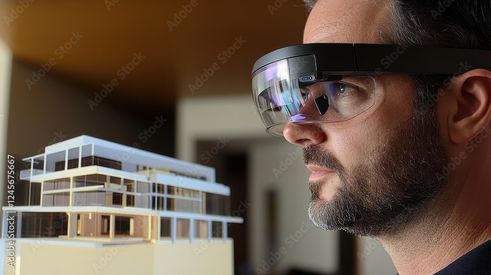 Poster man wearing augmented reality glasses visualizing 3d model