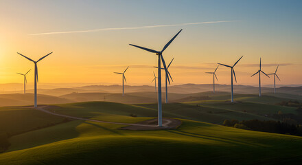 Wind turbines stand tall over rolling hills at sunrise, showcasing sustainable energy. Breathtaking landscape at sunrise featuring a wind farm atop rolling hills covered in vibrant green fields