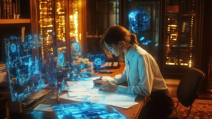 Obraz premium Futuristic Workspace with Holographic Displays and Focused Professional