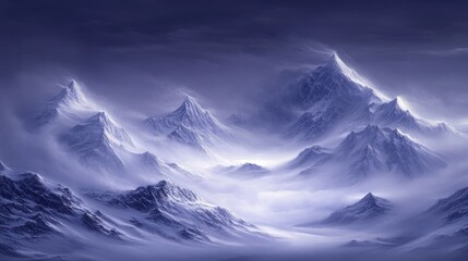 Obraz premium A dramatic composition of mist-covered mountain peaks, with layers of snow and fog intertwining to create a surreal, dreamlike scenery