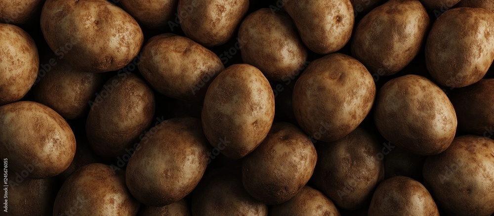Poster closeup view of a large pile of raw potatoes featuring earthy brown textures with subtle shadows and