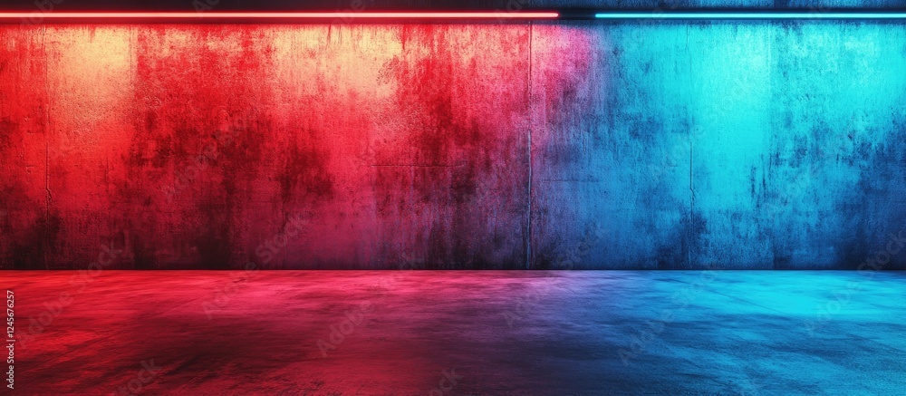 Poster vibrant red and blue gradient concrete wall with textured surface illuminated by neon lights creatin