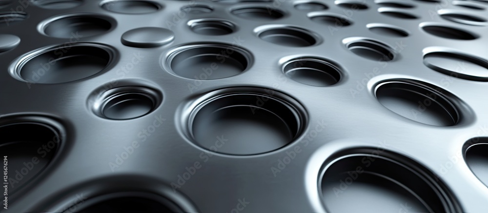 Poster contemporary silver and gray metal texture featuring circular indentations with a smooth sheen creat