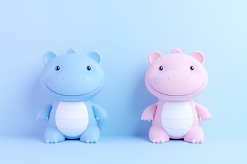 Two cute cartoon hippo toys in blue and pink against a pastel background.