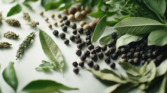 A detailed close-up of whole spices from various countries, including cumin seeds, black peppercorns, and curry leaves, on a white backdrop