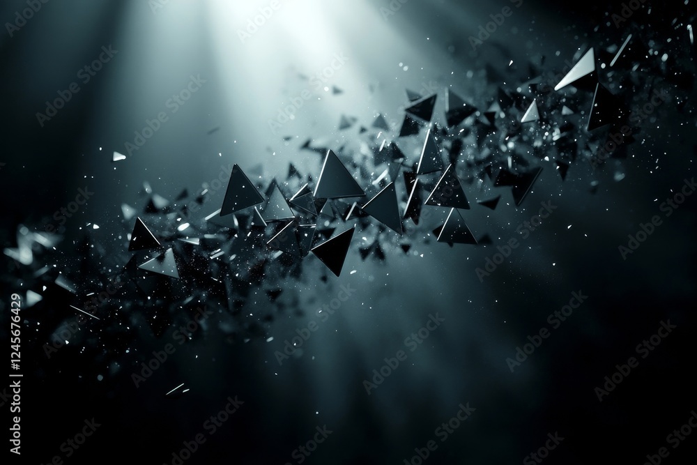 Poster abstract 3d rendering of floating low-poly pyramids with glowing outlines., generative ai