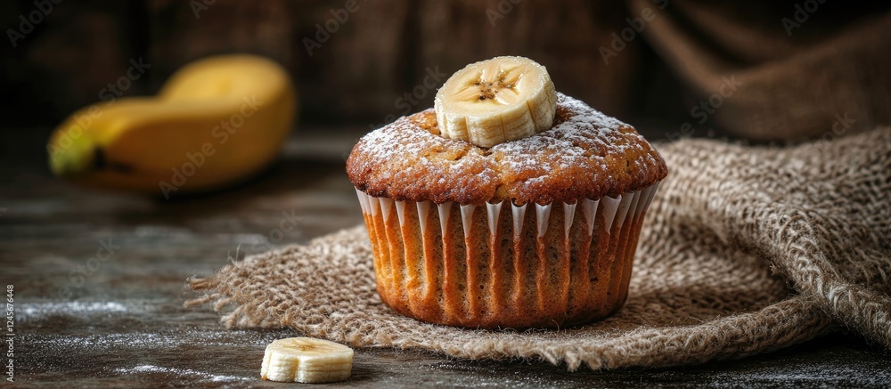 Poster delicious banana muffin on a rustic burlap cloth with rich brown tones and a slice of banana on top 