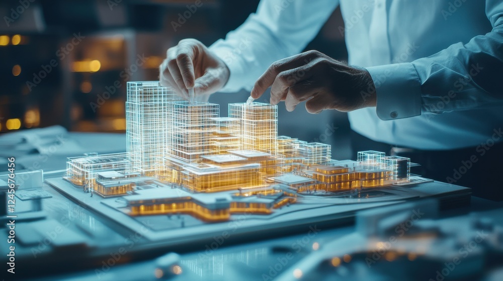 Poster hands building a 3d city model with illuminated architecture design
