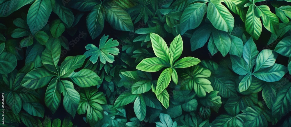 Poster lush green leaves densely layered creating a tranquil forest atmosphere ideal for calming backdrops 