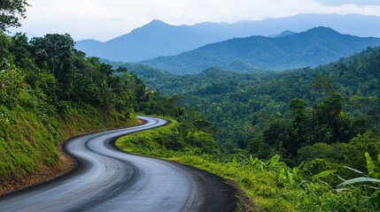 Cultural iconic Thailand, A winding road through lush green hills, with distant mountains under a cloudy sky, creating a serene and picturesque landscape.