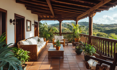 Fototapeta premium Elegant Rural House with a Wooden Balcony Vibrantly Surrounded by Natural Beauty