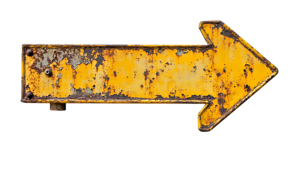 Rusty yellow road sign arrow pointing left isolated on transparent or white background