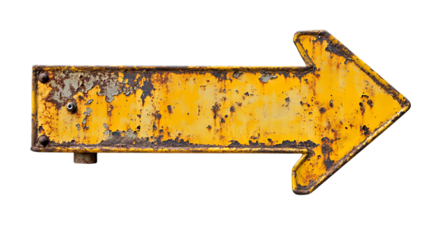 Rusty yellow road sign arrow pointing left isolated on transparent or white background