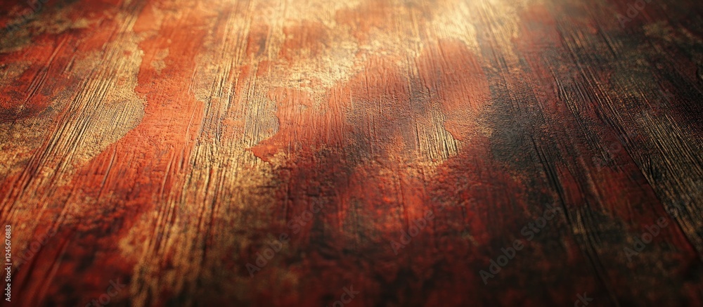 Poster grainy wooden table surface with varying warm tones of red and brown, enhancing detailed textures an