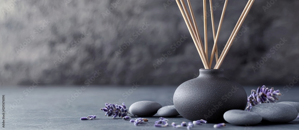 Aufkleber minimalistic black diffuser with reed sticks and lavender flowers surrounded by smooth decorative st