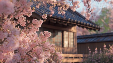 Pink Cherry Blossoms Frame Traditional Japanese House in Warm SunlightAnd SerenitySpring SceneWith P