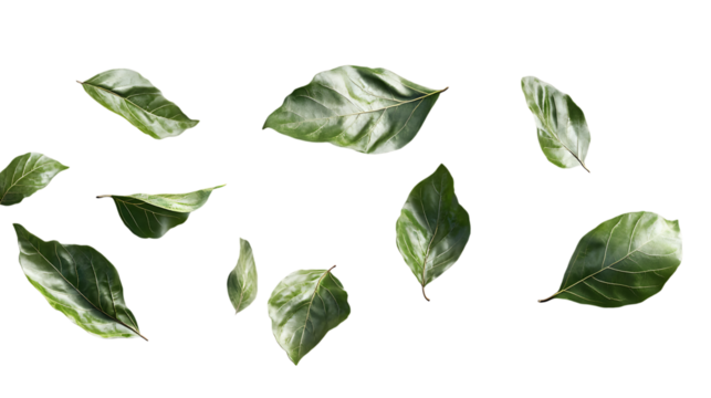 Several green leaves gently drifting, their edges curling in the wind, isolated on a transparent background, emphasizing their natural, airy movement