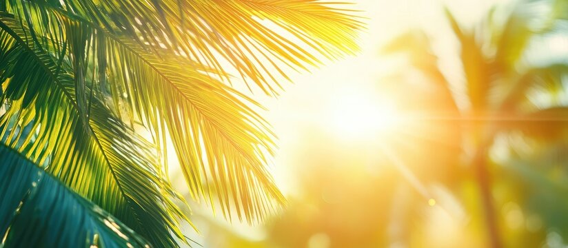 Vibrant tropical palm leaves illuminated by bright sunlight create a warm, glowing atmosphere with shades of green and golden yellow highlights.